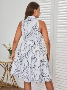 SHEIN Essnce Hơn In Toàn bộ Thắt lưng Váy sơ mi - trắng - Xem 2