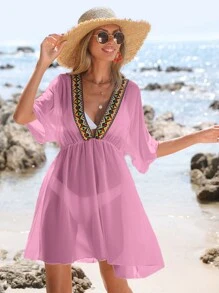 SHEIN Swim Vestido cover up con cinta en contraste de manga murciélago sin set bikini - Rosa - Ver 5