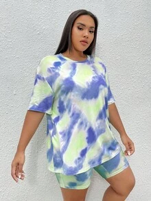 SHEIN EZwear Hơn Nhuộm buộc Áo thun Thả vai & Quần short đi xe - Màu xanh lam - Xem 5