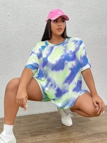 SHEIN EZwear Hơn Nhuộm buộc Áo thun Thả vai & Quần short đi xe - Màu xanh lam - Xem 6