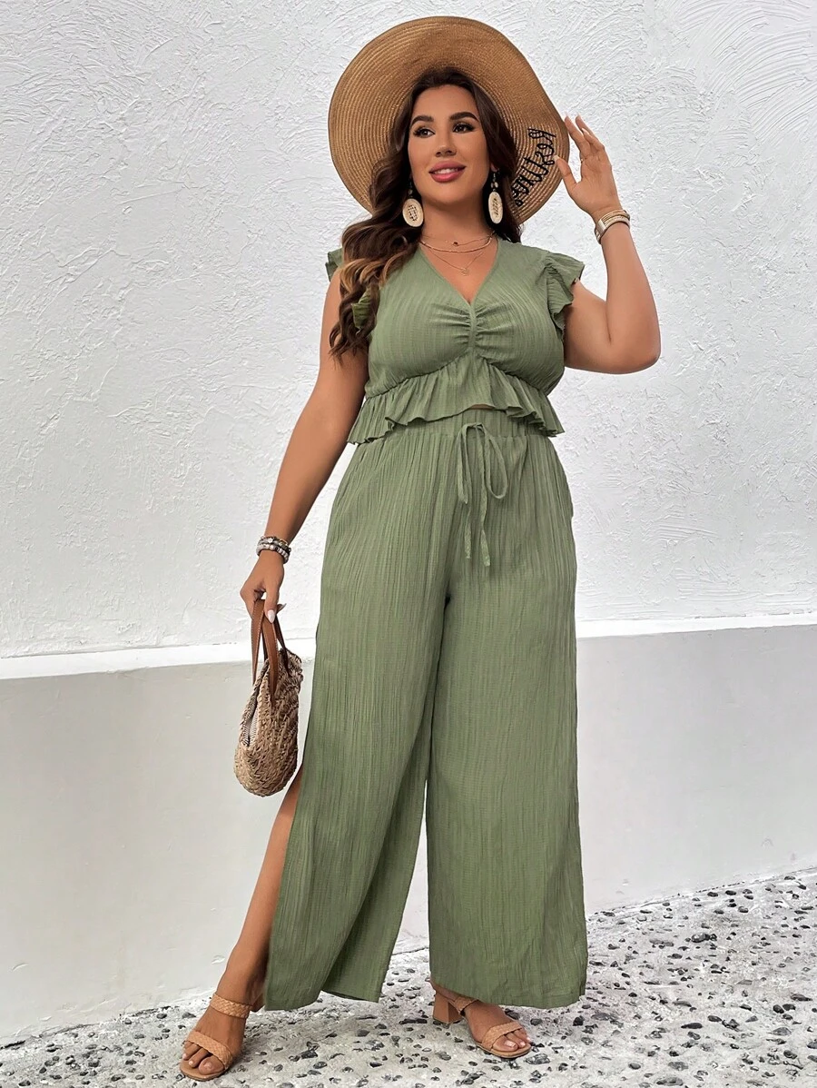 SHEIN LUNE Plus Ruffle Trim Ruched Top & Split Thigh Wide Leg Trousers - Army Green - View 1