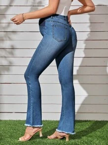 SHEIN Maternity Raw Hem Flare Leg Jeans Mom Jeans - Medium Wash - View 2