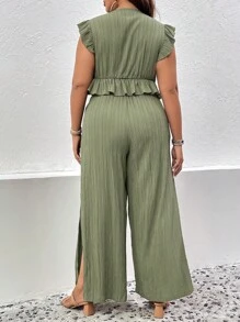 SHEIN LUNE Plus Ruffle Trim Ruched Top & Split Thigh Wide Leg Trousers - Army Green - View 2