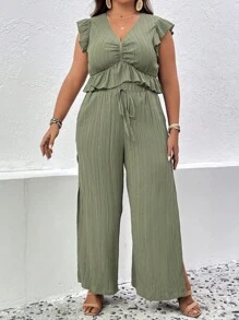 SHEIN LUNE Plus Ruffle Trim Ruched Top & Split Thigh Wide Leg Trousers - Army Green - View 3