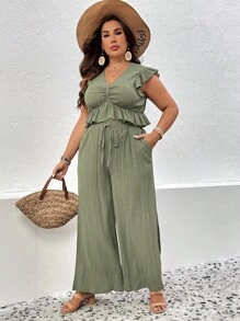 SHEIN LUNE Plus Ruffle Trim Ruched Top & Split Thigh Wide Leg Trousers - Army Green - View 4