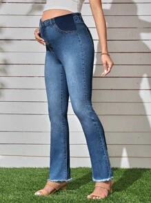 SHEIN Maternity Raw Hem Flare Leg Jeans Mom Jeans - Medium Wash - View 4