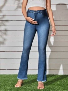 SHEIN Maternity Raw Hem Flare Leg Jeans Mom Jeans - Medium Wash - View 5