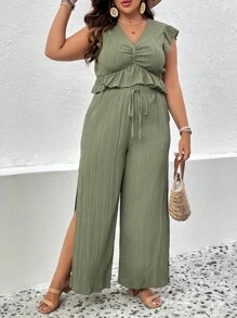 SHEIN LUNE Plus Ruffle Trim Ruched Top & Split Thigh Wide Leg Trousers - Army Green - View 5
