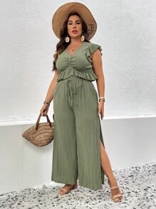 SHEIN LUNE Plus Ruffle Trim Ruched Top & Split Thigh Wide Leg Trousers - Army Green - View 6