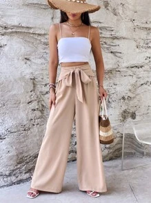 SHEIN VCAY Quần nữ Thắt nơ trước màu trơn Giải trí - Màu be - Xem 1