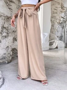 SHEIN VCAY Quần nữ Thắt nơ trước màu trơn Giải trí - Màu be - Xem 4