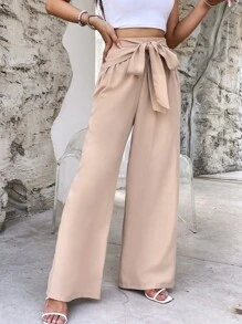 SHEIN VCAY Quần nữ Thắt nơ trước màu trơn Giải trí - Màu be - Xem 3