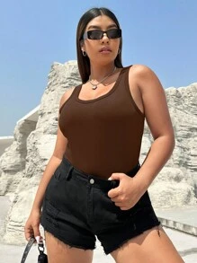 SHEIN EZwear 大碼素色條紋針織背心連體衣 - 棕色 - 查看 4