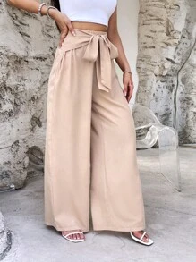 SHEIN VCAY Quần nữ Thắt nơ trước màu trơn Giải trí - Màu be - Xem 6