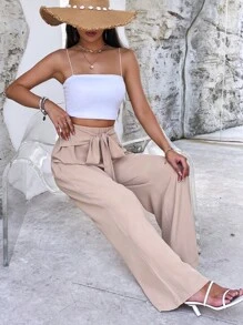 SHEIN VCAY Quần nữ Thắt nơ trước màu trơn Giải trí - Màu be - Xem 7