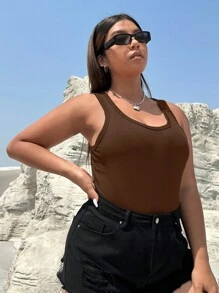 SHEIN EZwear 大碼素色條紋針織背心連體衣 - 棕色 - 查看 5