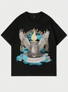 ROMWE MEN Street Life 男士標語和翼印T恤 - 黑色 - 查看 1