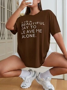 SHEIN EZwear 大碼標語圖案落肩T恤 - 棕色 - 查看 1