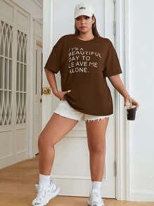 SHEIN EZwear 大碼標語圖案落肩T恤 - 棕色 - 查看 4