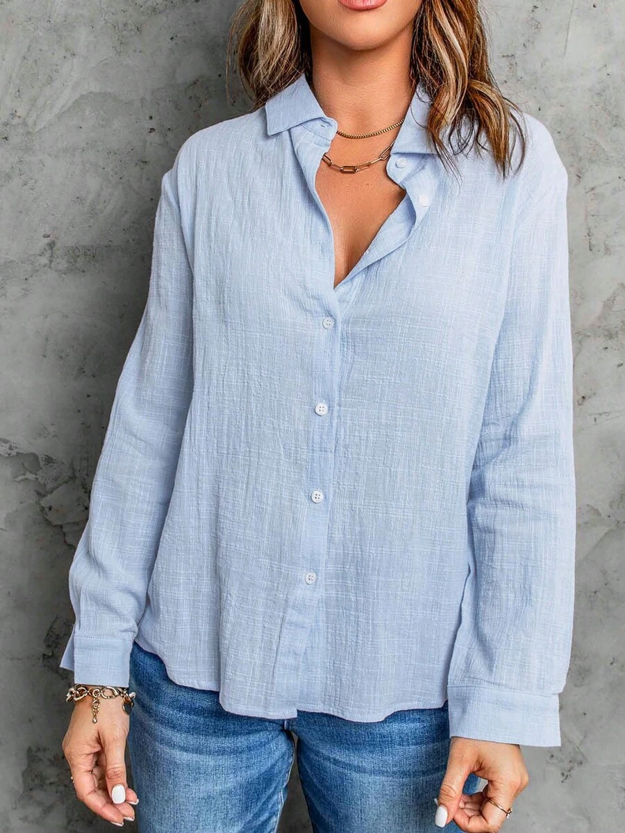 CILKOO Spring/Summer Solid Color Shoulder Down Long Sleeved Loose Casual Women's Office Shirt