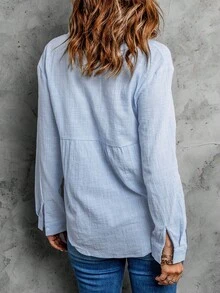 CILKOO Spring/Summer Solid Color Shoulder Down Long Sleeved Loose Casual Women's Office Shirt - Baby Blue - View 3