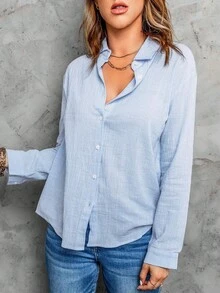 CILKOO Spring/Summer Solid Color Shoulder Down Long Sleeved Loose Casual Women's Office Shirt - Baby Blue - View 4