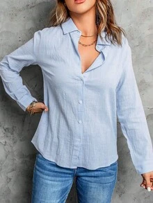 CILKOO Spring/Summer Solid Color Shoulder Down Long Sleeved Loose Casual Women's Office Shirt - Baby Blue - View 6