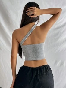 SHEIN EZwear Áo nữ Bất đối xứng màu trơn Gợi cảm - Xám - Xem 2