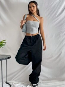 SHEIN EZwear Áo nữ Bất đối xứng màu trơn Gợi cảm - Xám - Xem 6