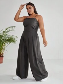 SHEIN EZwear 大碼素色拼接細節闊腿吊帶連體褲 - 深灰色 - 查看 1