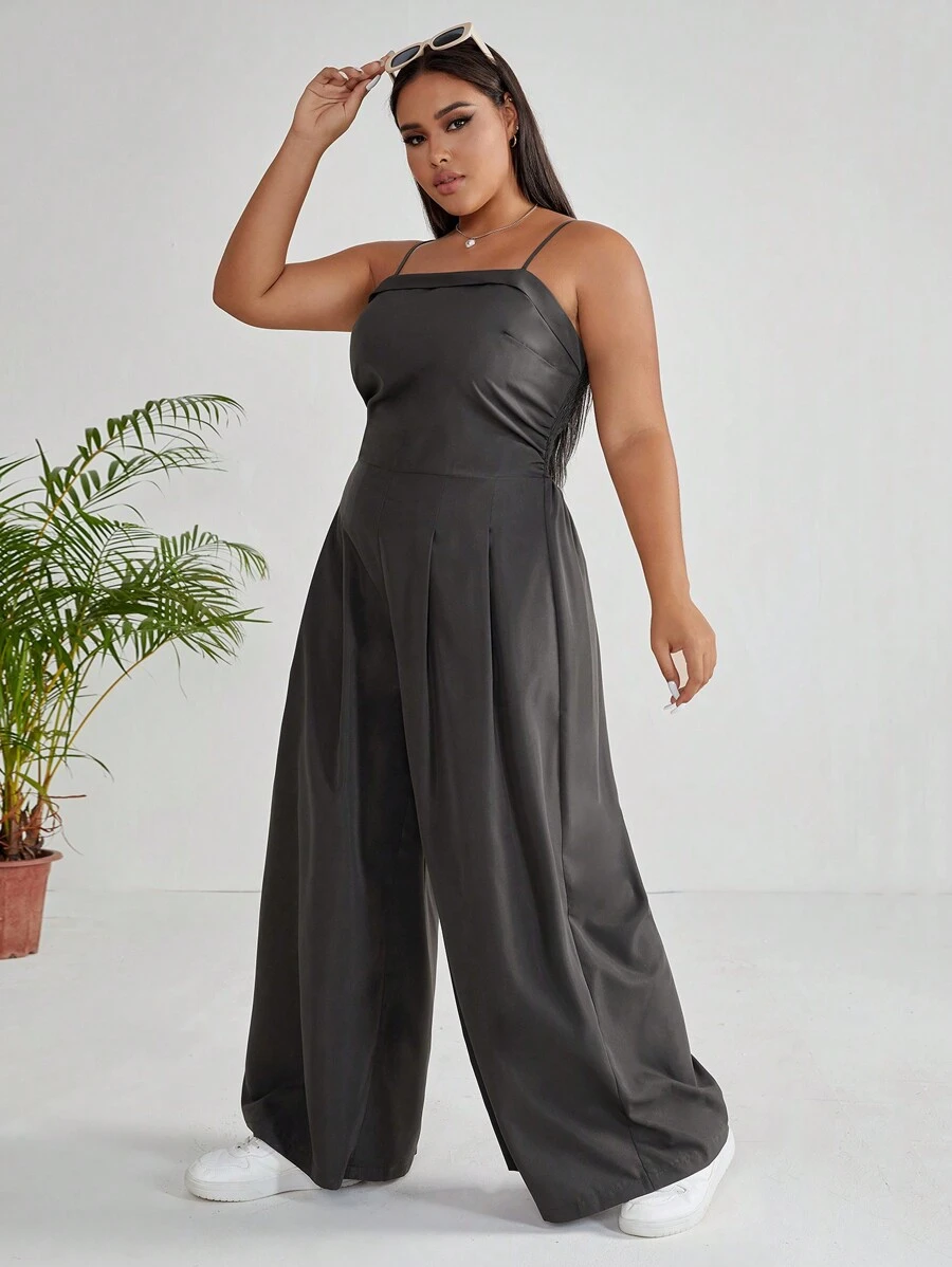 SHEIN EZwear 大碼素色拼接細節闊腿吊帶連體褲 - 深灰色 - 查看 1