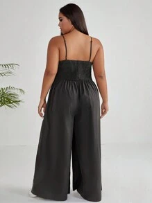 SHEIN EZwear 大碼素色拼接細節闊腿吊帶連體褲 - 深灰色 - 查看 2