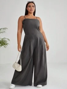 SHEIN EZwear 大碼素色拼接細節闊腿吊帶連體褲 - 深灰色 - 查看 3