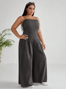 SHEIN EZwear 大碼素色拼接細節闊腿吊帶連體褲 - 深灰色 - 查看 4