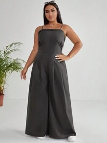 SHEIN EZwear 大碼素色拼接細節闊腿吊帶連體褲 - 深灰色 - 查看 5