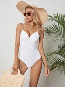 Scallop Trim Push Up One Piece Swimsuit - White - View 5