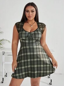 SHEIN EZwear Đầm Plus Size Thắt nút Thắt nơ trước Sọc ca rô Giải trí - xanh quân đội - Xem 3