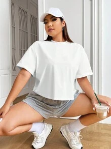 SHEIN EZwear 大碼素色落肩T恤 - 白色 - 查看 1