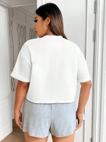 SHEIN EZwear 大碼素色落肩T恤 - 白色 - 查看 2