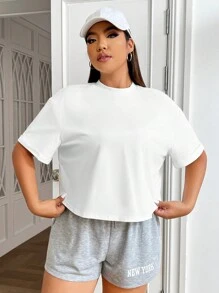 SHEIN EZwear 大碼素色落肩T恤 - 白色 - 查看 3