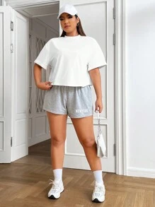 SHEIN EZwear 大碼素色落肩T恤 - 白色 - 查看 5