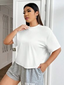SHEIN EZwear 大碼素色落肩T恤 - 白色 - 查看 6