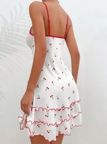 CottageSlumber Váy ngủ pijama họa tiết ren viền xếp nếp họa tiết anh đào cho mùa lễ hội - trắng - Xem 2