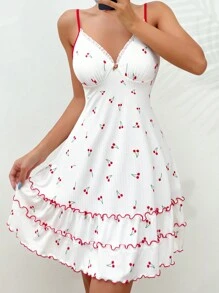 CottageSlumber Váy ngủ pijama họa tiết ren viền xếp nếp họa tiết anh đào cho mùa lễ hội - trắng - Xem 4