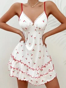 CottageSlumber Váy ngủ pijama họa tiết ren viền xếp nếp họa tiết anh đào cho mùa lễ hội - trắng - Xem 5
