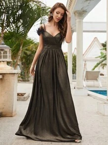 挖肩毛茸邊正式連衣裙 - 銅色 - 查看 3