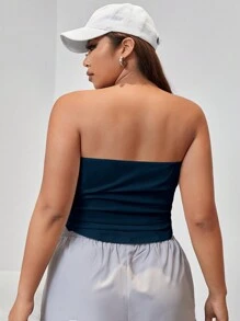 SHEIN EZwear Plus Ruched Side Curved Hem Tube Top - Navy Blue - View 2