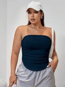 SHEIN EZwear Plus Ruched Side Curved Hem Tube Top - Navy Blue - View 3