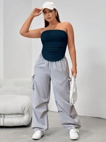 SHEIN EZwear Plus Ruched Side Curved Hem Tube Top - Navy Blue - View 4