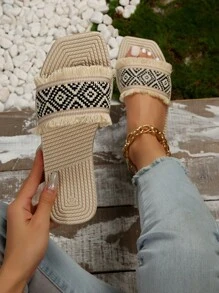 Frauen geflochtenem Design, unbearbeitetem Saum, Pantolette mit , Urlaub Sommer Flache Sandalen mit - Verschiedenfarbig - Übersicht 1